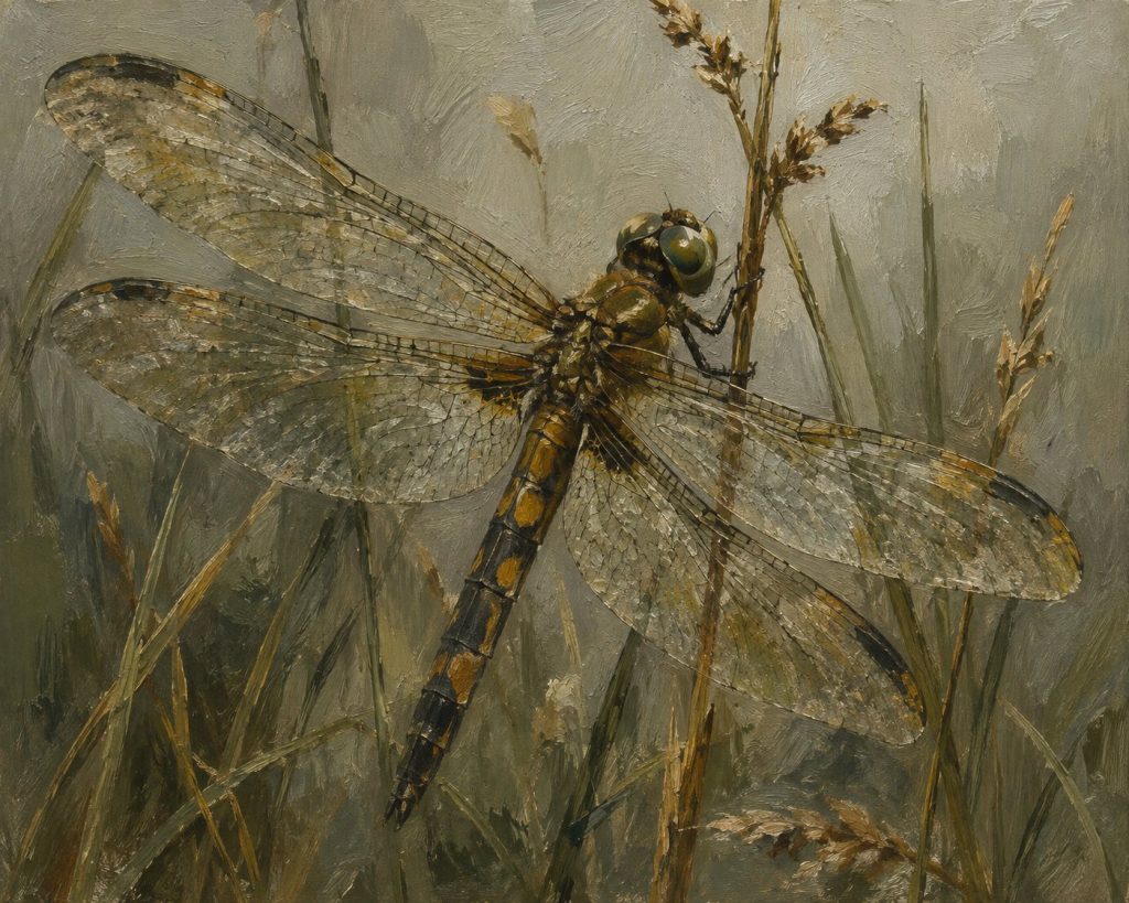 Oil-painting illustration of a dragonfly among grasses for Insect Collection